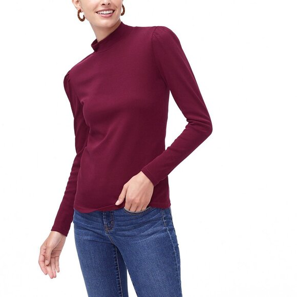 NWT J. Crew Ribbed Mockneck Puff Sleeve Turtleneck Top Pinot Noir | XXS - Picture 2 of 4
